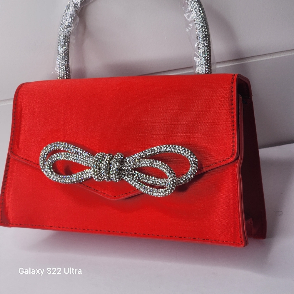 Women's Rhinestone Bow Accent Top Handle Red Satin Flap Handbag - Picture 6 of 11